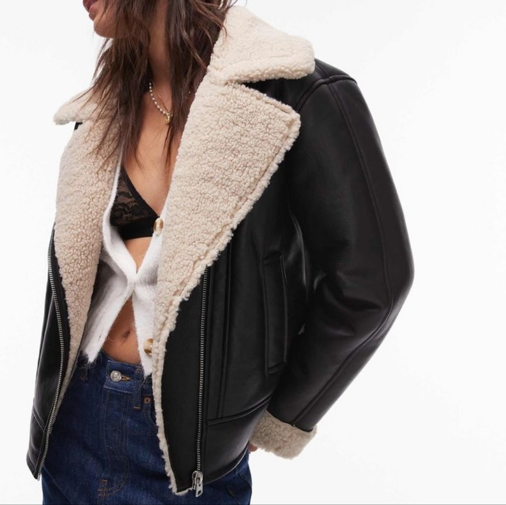 Topshop shearling aviator jacket in black and cream Medium - Picture 2 of 8